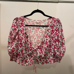 For Love & Lemons cropped floral front tie shirt